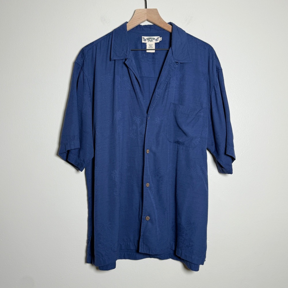 Hawaiian Tropic Mens Jacquard Palm Tree‎ Shirt L Blue Tonal Rayon Aloha Vacation